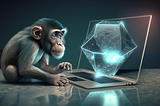 A monkey at a computer generating a big 3D floating holographic diamond.