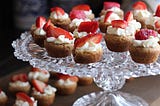Muffins topped with strawberries and cream.