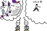Two stick figures playing Street Fighter 4. One is a Gen player, and their thought bubble is full of many different thoughts, such as which stance Gen is currently in, the range of his moves, and so on. The other is a Fei-Long player, and is simply thinking about using Fei-Long’s Rekkaken special move and nothing else.