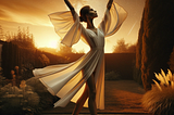 a ballerina with a flowing white dress dances at golden hour
