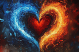 Pair of red and blue flames intertwined in a heart