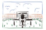 Illustration of woman sitting at a desk working in her backyard.