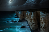 night, moon behind clouds, storm, high cliffs, rocks and a roiling sea at the base