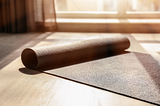 Aesthetic stock image shows a half rolled up yoga mat on a wooden floor with the sun coming through. The image is purely for decorative use only to support the blog post on how to build healthy habits that actually serve you