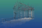 A translucent 3D point-cloud model of a small aqueduct ventilation tower with a roof and cylindrical base, rendered against a blue background as part of a digital mapping visualization of Mexico City’s hidden water infrastructure.