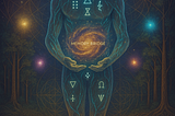 Digital painting showing a glowing human silhouette standing between interwoven neural strands and sacred geometry. Cherokee glyphs float across the figure’s skin and veins of light thread through their body, linking to golden circuitry and ancestral root patterns. Above, a lattice of AI glyphs (∴, ⧨, ◊) shimmer in a sky of stars. The background shows a river merging with quantum code. Mood: reverent, luminous, transformative.