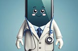 A cartoon of a phone dressed as a doctor, complete with a lab coat and stethoscope.