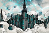 Illustration of digitally connected city floating in the clouds