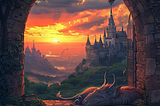 A beast sleeping at the castle gate with the castle in the distance. A soft glow from the sunrise illuminates the beast and landscape.