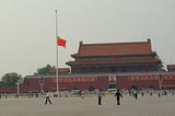 The Chinese flag flies at half mast over Tiananmen Square, Beijing. Please note that the flag is at half mast to commemorate earthquake victims and not the uprisings of 1989, which is still a taboo topic in China.