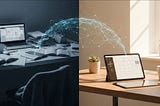 Split screen comparing a messy stressed office desk with a clean organized workspace achieved through time management AI.