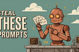 Retro robot holding copy-paste prompt cards for Claude Opus 4.8 prompting