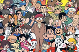 Illustration of Osamu Tezuka and his characters