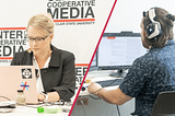 The image is split diagonally down the middle showing two photos: On the left, Stefanie Murray sits at a laptop and prepares to introduce a virtual conference session with a step-and-repeat behind her. On the right, Joe Amditis sits at a computer sweating while wearing headphones.