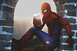 Spiderman sitting in a brick archway, with a blurred city background, reading a book called “A Future Untold”