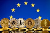 MiCA Regulation — Image of cryptocurrencies with EU Flag in the background. Image Via Shutterstock