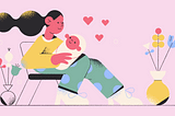 Illustration of a woman holding a baby in her arms. Little pink hearts float in the air.