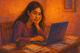 a lady writer in front of her laptop, trying hard to create an article
