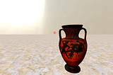 A tall black-figure Greek amphora stands in the foreground of a virtual scene with cream walls and offwhite marble floor.