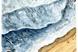 a watercolor painting of foaming waves against a sandy beach, with rocks jutting out of the water.