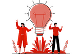 Illustration of two people standing next to a large light bulb.