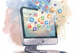 A watercolour image of an iMac computer with apps floating into it. Created via Midjourney by Merlene Paynter