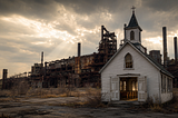 Abandoned white clapboard church with open doors and empty pews, dwarfed by a vast rusting steel mill under broken gray-gold light.