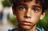 A young boy with curly hair and freckles gazing into the camera glossy eyed