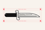 Knife illustration with consistency the killer written on the blade, red lines boxing an area around it as if it was a logo