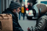 AI image of ChatGPT as a person talking to an old man on the street