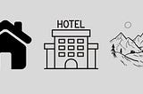 Graphic of home, hotel, and mountains.