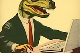 A dinosaur in a mid-century style suit sitting at a laptop computer