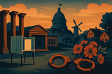 In dark colors an AI generated drawing of remnants of the Forum in Rome, the Capitol, a voting booth, handcuffs, and flowers.