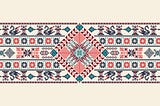 A red, turquoise, and black patterned Tatreez image — an embroidery that is uniquely Palestinian