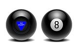 Two magic 8 balls side by side; the one on the left showing the answer “Ask ChaptGPT”; the one on the right showing the black ball with a white circle and the number 8 in the middle.