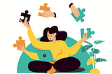 Woman with many arms and hands holding onto puzzle pieces, to indicate she is juggling a lot of tasks