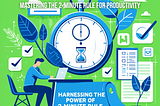 Vibrant blog post cover image featuring a person at a desk quickly managing tasks, surrounded by symbols of productivity: a bright blue and green color scheme, a stopwatch, and a checklist with marked items. The clean, modern design emphasizes efficiency and effective time management, encapsulating the essence of the 2-Minute Rule.