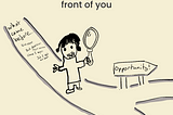 A sketched picture of a person walking down a path holding a large mirror with a handle. The path behind them says “what came before” and in front of them the path splits and there is a path the person is going to miss called ‘opportunity’. The image is titled “Don’t spend too much time looking backwards or you’ll miss what is in front of you”