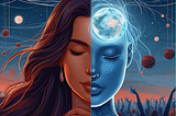 Half of image is brown haired woman with eyes closed thinking and the second half is the other half of her face glowing in blue with the image of connection and globe in it.