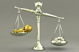 Scales of justice tilted with golden coins and cash on one side outweighing the scales, symbolizing corruption.