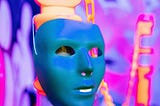 A full face mask hanging from a neon stanchion in front of a vibrant and blacklit, out of focus party entrance.