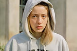 A young blond woman wearing a hoodie with a cynical expression.