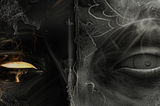 Two opposing eyes — one luminous and organic, the other matte and mechanical — divided by swirling smoke and golden filaments.