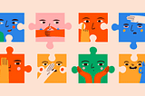 Artwork depicting various facial expressions and gestures as a form of nonverbal communication. Each face is a puzzle piece which suggests that although we are all unique, there still is an interconnectedness that goes beyond our differences to form a bigger picture.