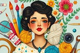 Image shows the colorful drawing of a woman with black hair, and symbols of all kinds of creative endeavors around her.