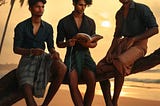 Three young Tamil men sitting on the branch of a seaside tree at dusk One is reading a magazine.
