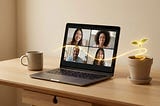 Remote team members connecting during a virtual meeting on laptop screens
