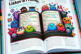 The image is of an open book titled ‘Levelling Up with Liskov & Friends,’ designed to teach software development principles in an engaging way. It features colorful, cartoonish characters representing programming concepts, along with inviting diagrams, code snippets, and tech-related icons. The educational content is presented in a playful and accessible style.