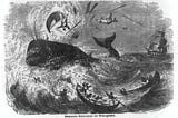 1861 wood print of a whale smashing the heck out of some whaling boats