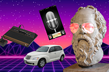 A bust of Socrates with Rose-Tinted Glasses, a retro-styled car, a 70s video game console and a microphone app